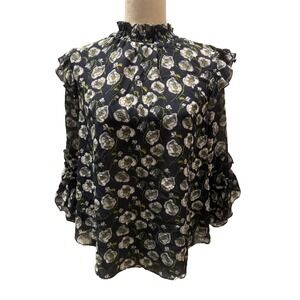 Hazel‎ Top Poppy Floral Navy Blue High Neck Regency Boho Ruffled Boho Small